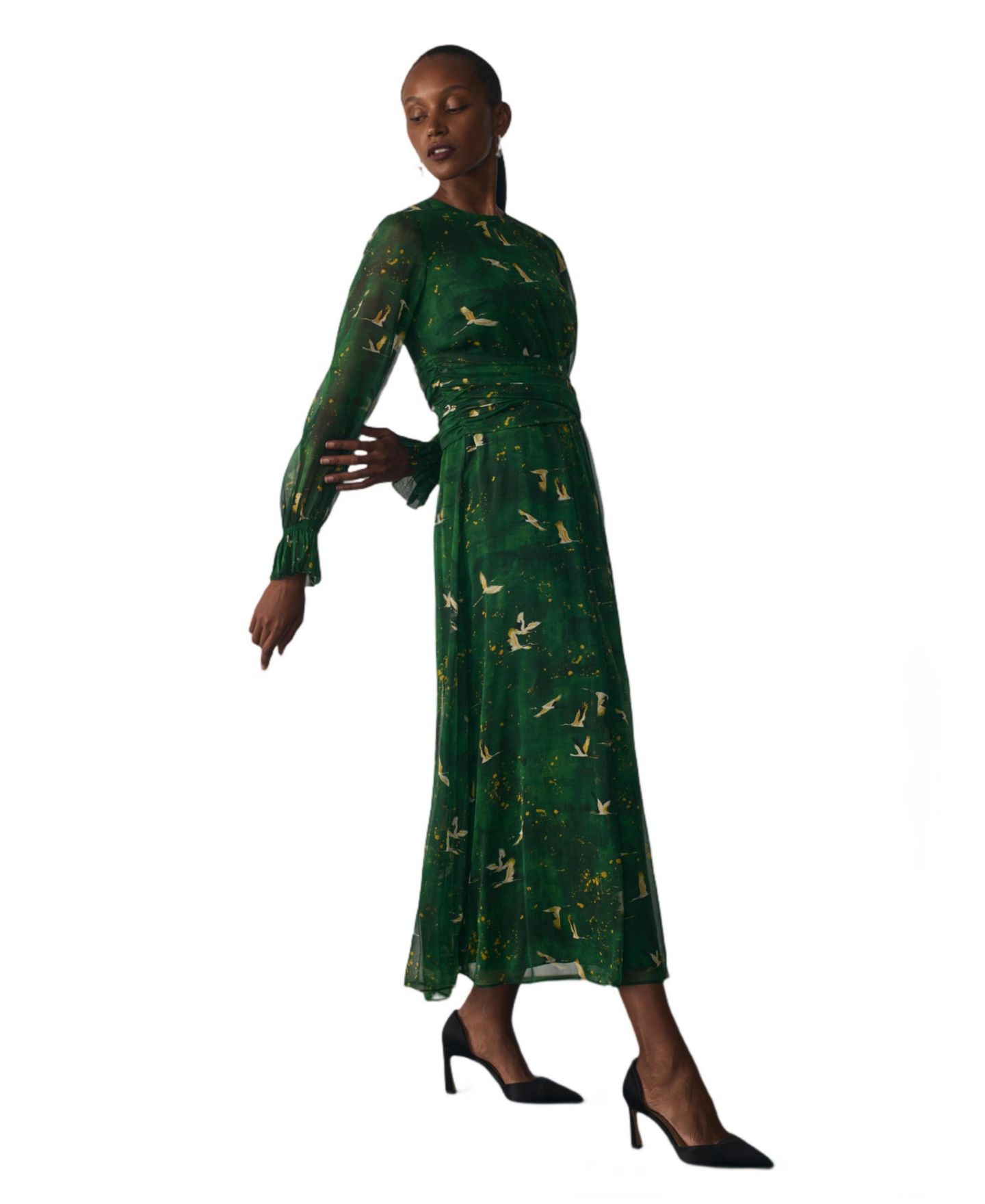Женское платье The Fold Portofino Silk Chiffon A-Line Long-Sleeve Midi, цвет: Зелёный — фото 4