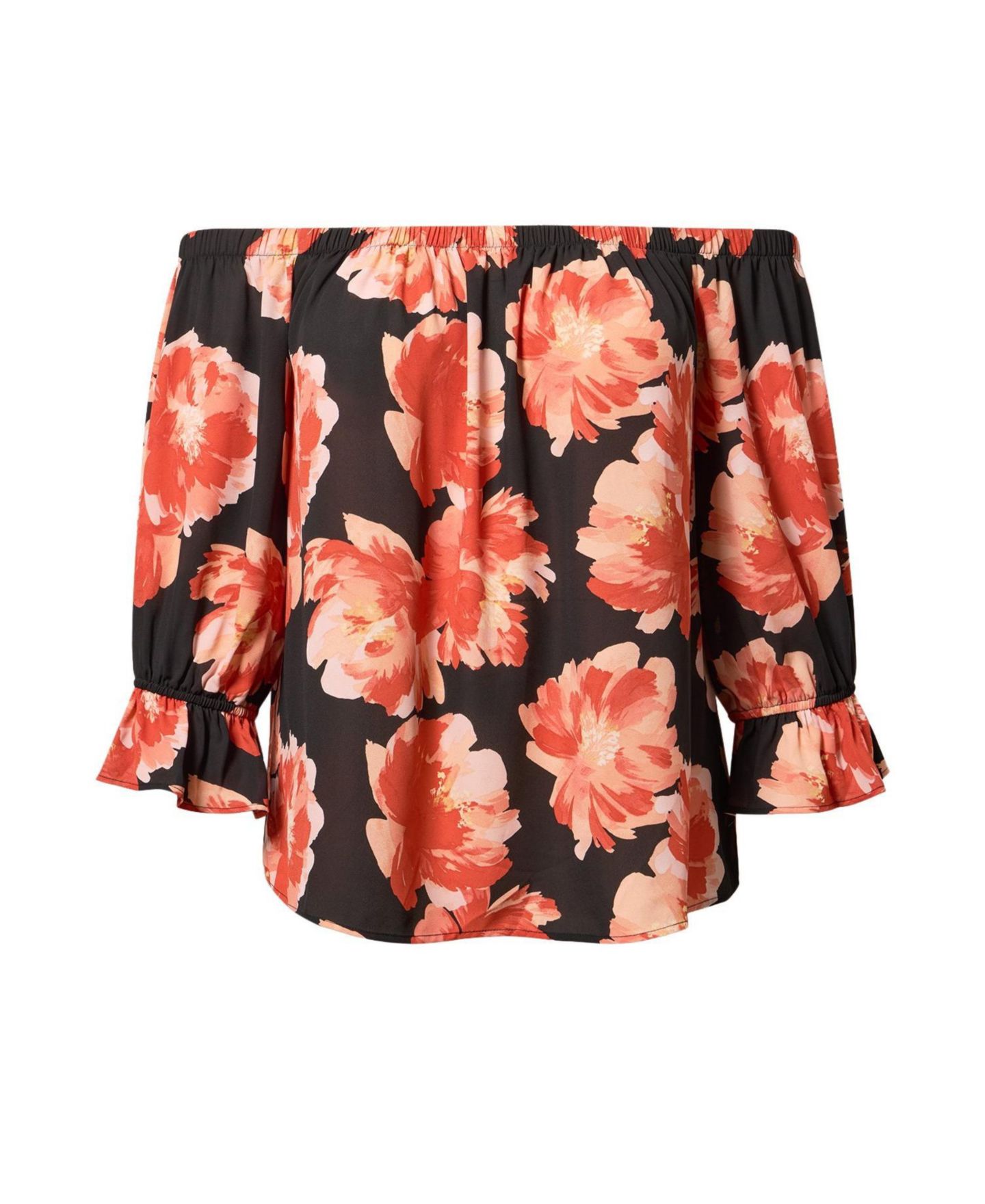 Женская блузка Torrid Plus Size Floral-Print Off-the-Shoulder 3/4-Sleeve, цвет: С принтом чёрный — фото 2
