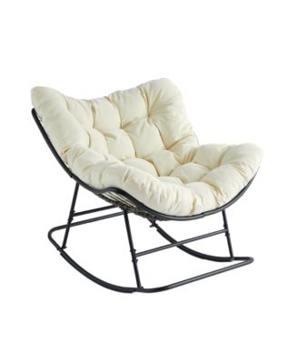 KD Outdoor Rocking Chair, Metal and Wicker Rocker with Thick Padded Cushion for Patio, Garden and Porch, Beige