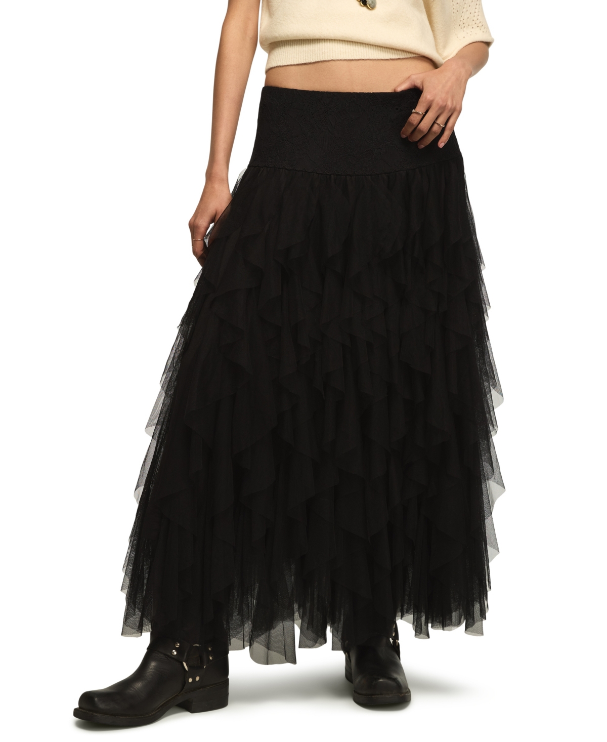 Lucky Brand Women's Lace Yoke Ruffle Maxi Skirt - Caviar