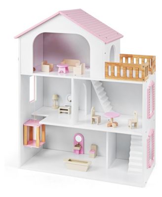 Wooden 3-Story 5-Room Dollhouse with Moving Elevator and 13-Piece Furniture Set, Ages 3+