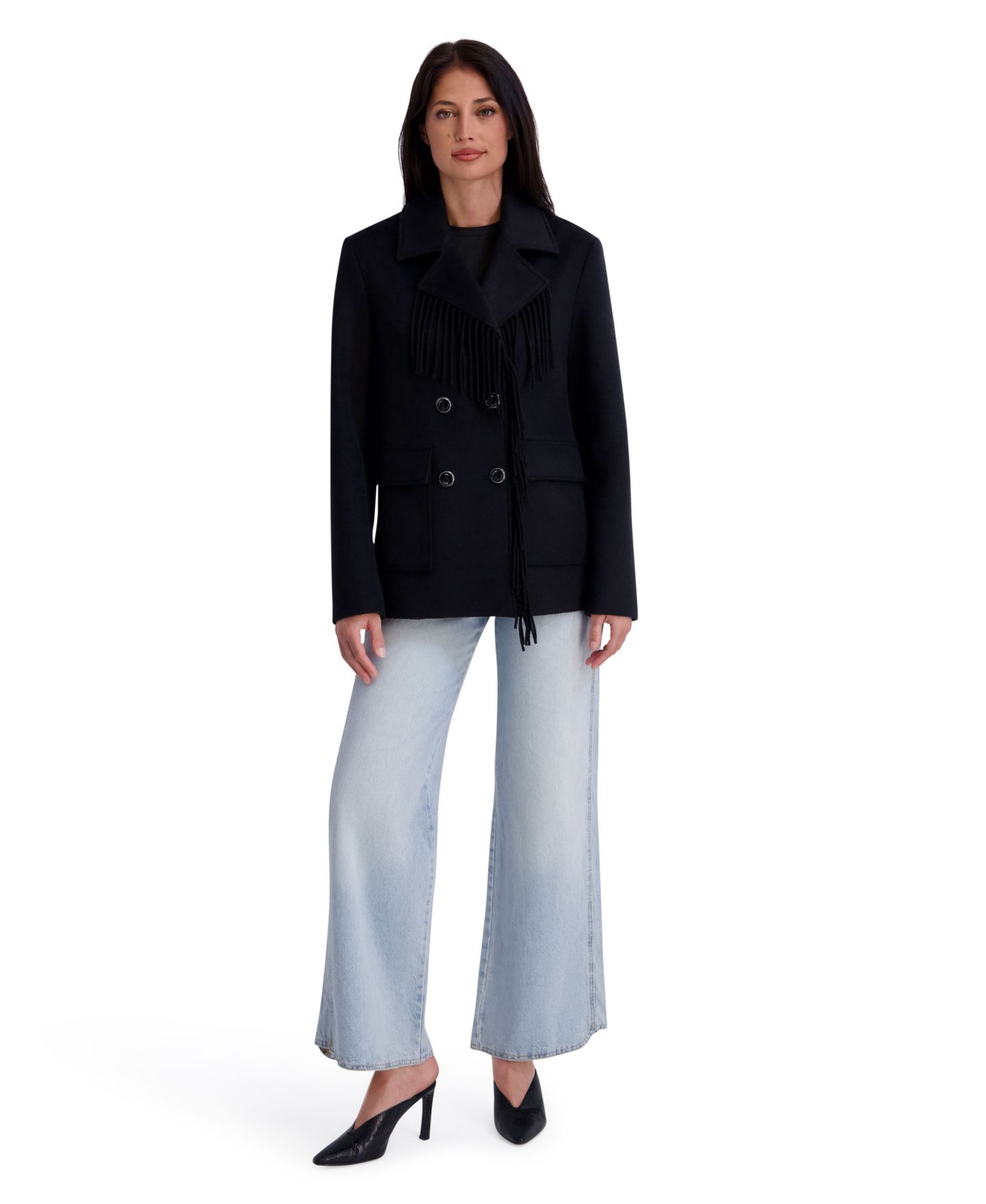 Женская куртка Kensie Double Breasted Patch Pocket Wool Jacket with Fringe, цвет: Чёрный — фото 1