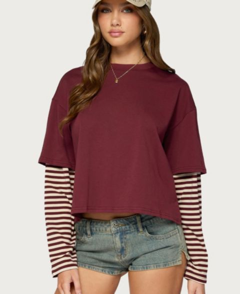 Женская футболка Edikted Nacie Layered Striped Long-Sleeve, цвет: Бордовый
