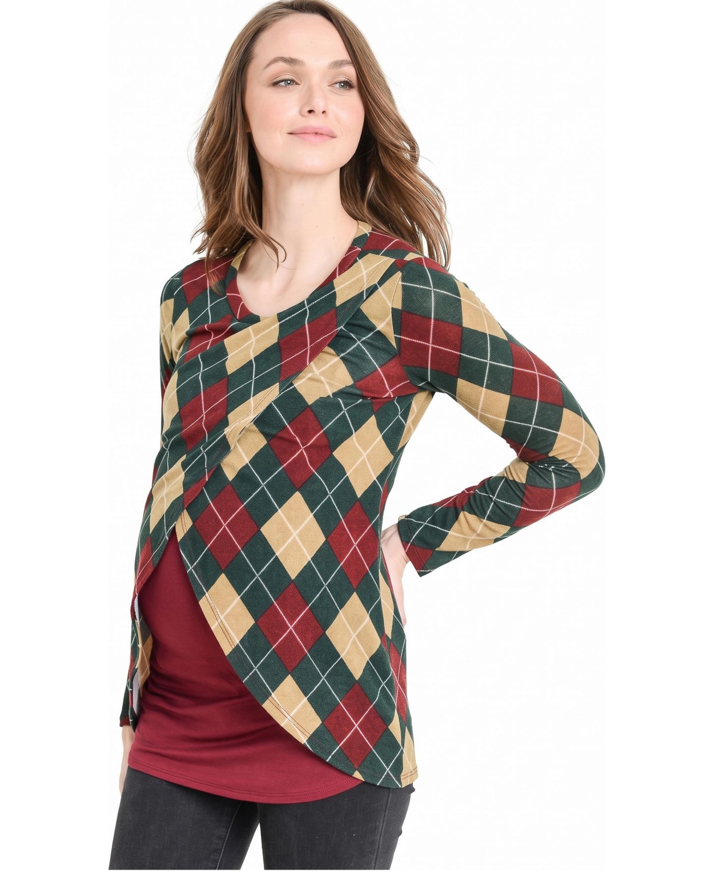 Женский свитер Hello Miz Maternity Plaid Sweater-Knit V-Neck Long-Sleeve Nursing Top, цвет: Бордовый — фото 4