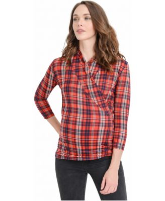 Maternity Surplice 3/4-Sleeve Plaid Nursing Top
