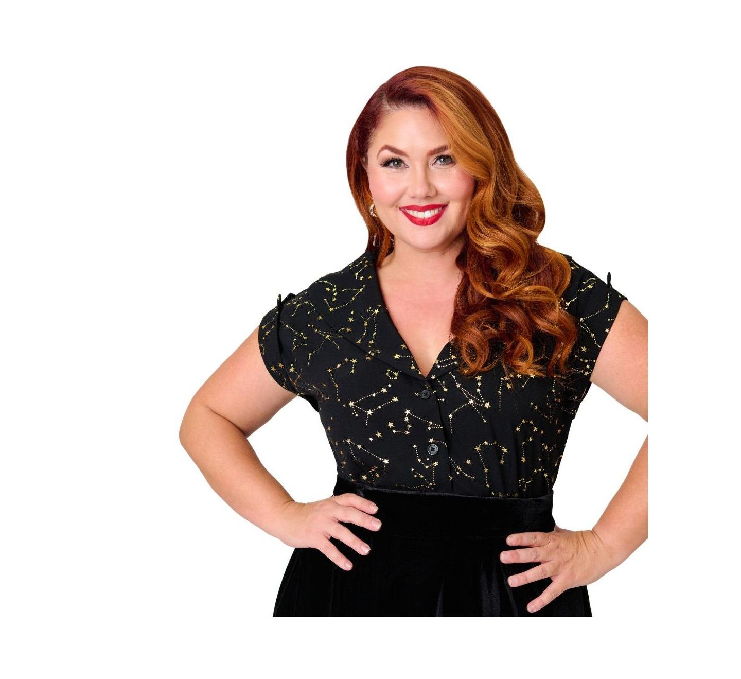 Женская блузка Unique Vintage Plus Size Twill Sleeveless, цвет: Чёрный / Золотой с принтом — фото 2
