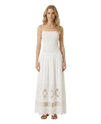 Women's Smocked Bodice Eyelet Lace Square Neck Maxi Dress