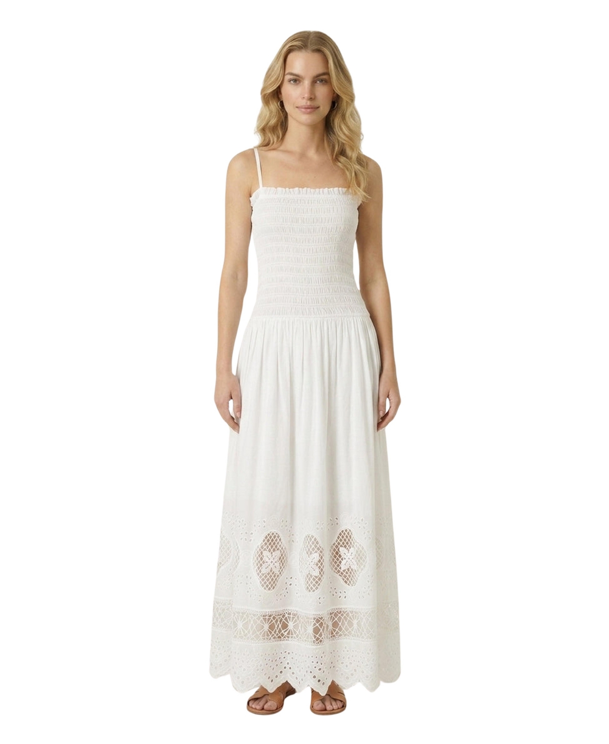 Modenaire Women's Smocked Bodice Eyelet Lace Square Neck Maxi Dress - White