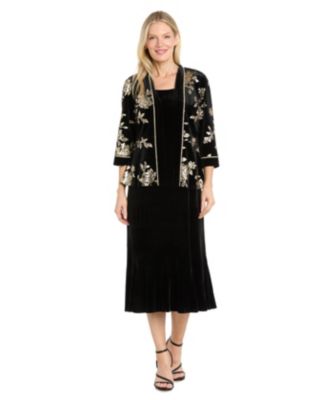 Women's Velvet Brocade Jacket and Midi Dress, 2-Piece Set