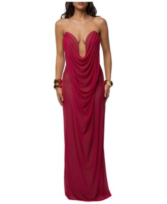 Women's Siren Plunging Cowl Sculptural Draped Sheer Mesh Side Panels Dress
