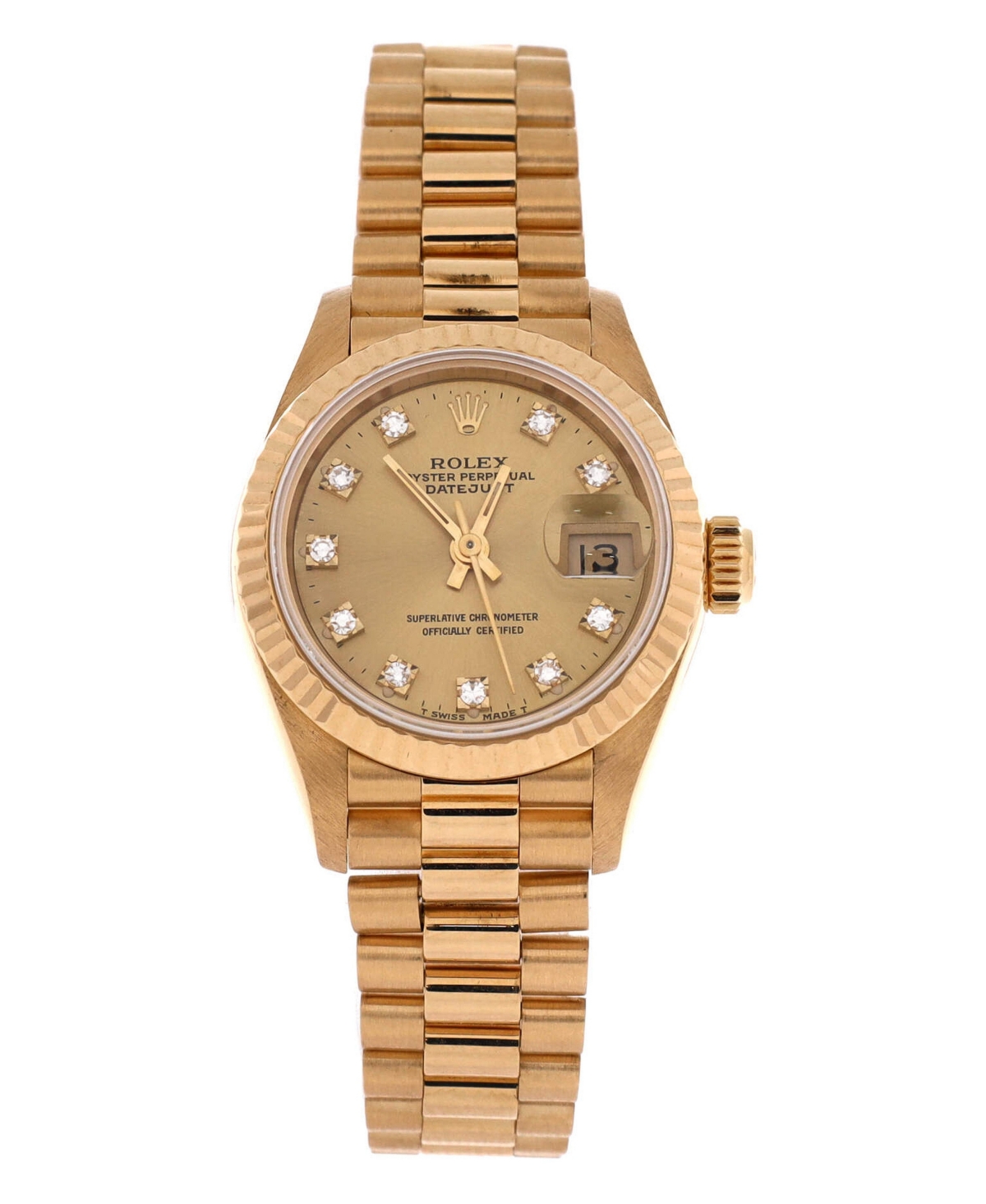 Pre-Owned Rolex Oyster Perpetual President Datejust Automatic Watch in Gold with Diamond Markers 26mm - Dial color: gold