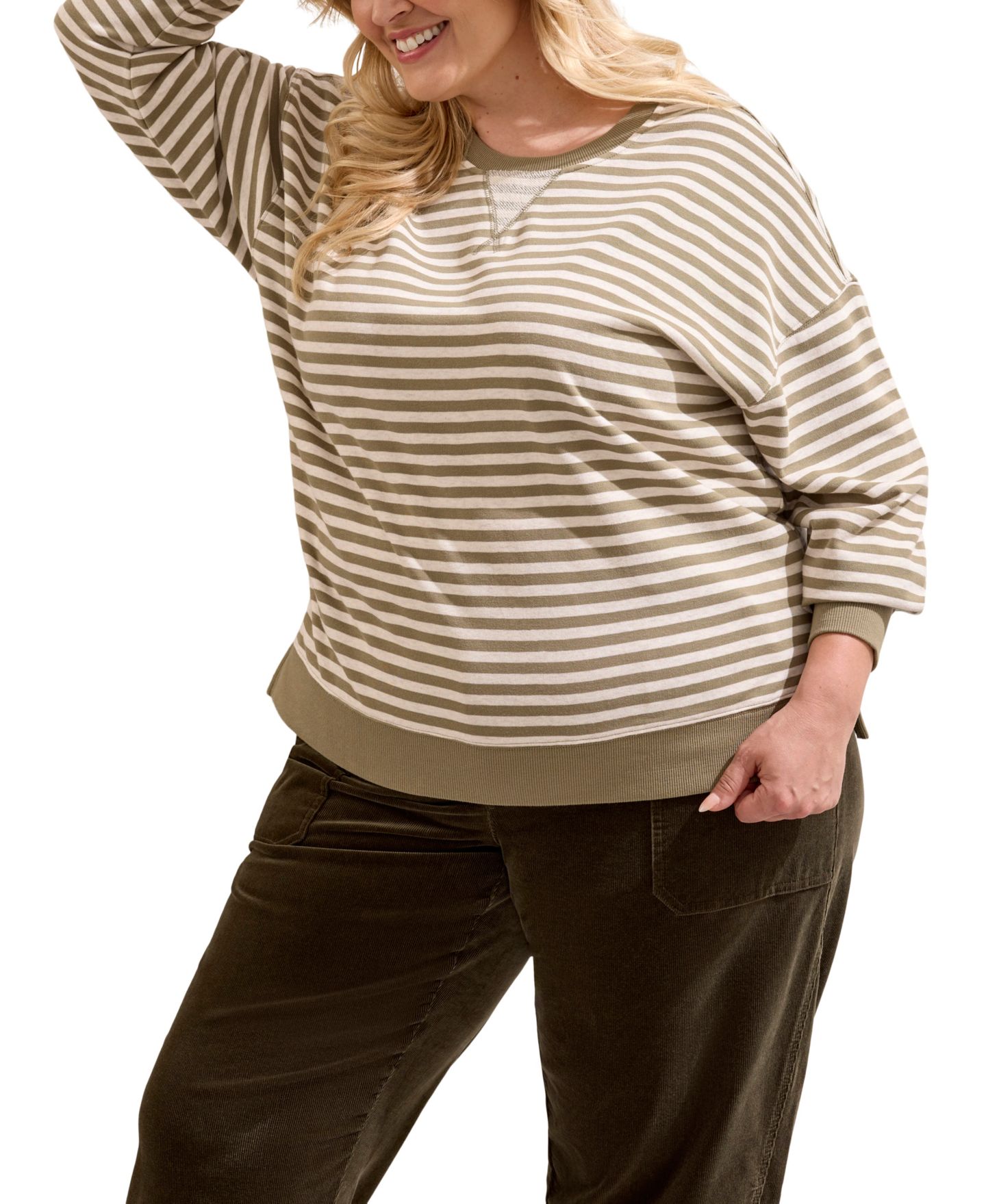 Женский топ TRIBAL Plus Size Striped Long-Sleeve Loose-Fit, цвет: Синий туманный — фото 7