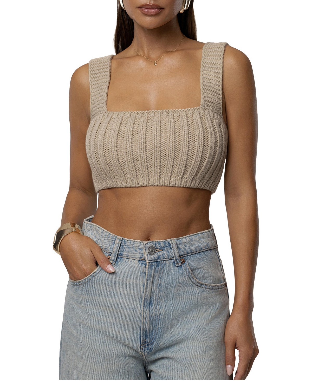 Jluxlabel Women's Soft Form Ribbed Square-Neck Sleeveless Crop Top - Stone