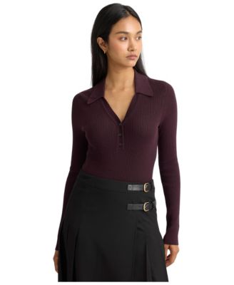 Women's Collared Ribbed V-Neck Long-Sleeve Top