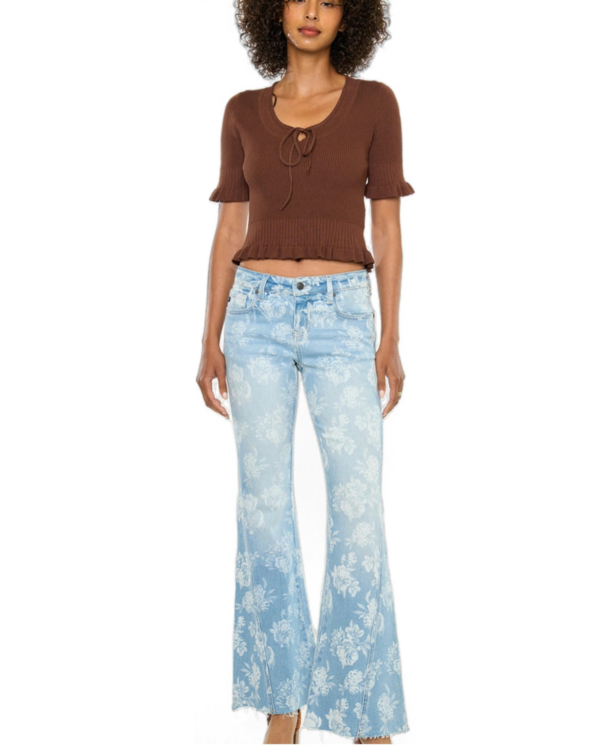 KanCan Women's Shelby Low-Rise Floral Flare Jeans - Medium light