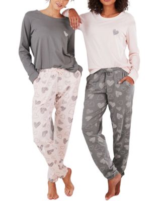 Women's Heart-Print Long-Sleeve Cotton-Blend Pajama Sets, 2-Pack