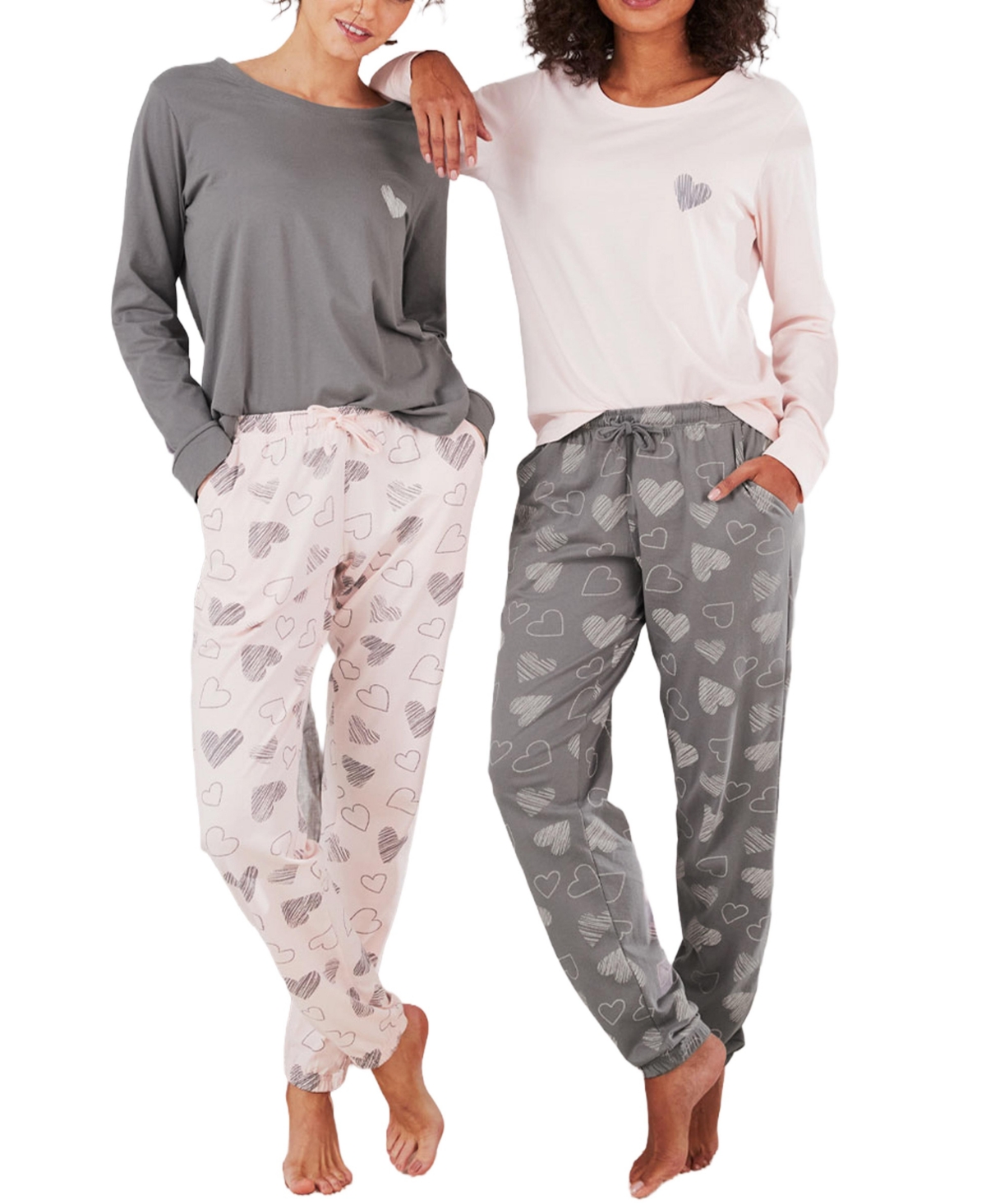 Lascana Women's Heart-Print Long-Sleeve Cotton-Blend Pajama Sets, 2-Pack - Rose  grey