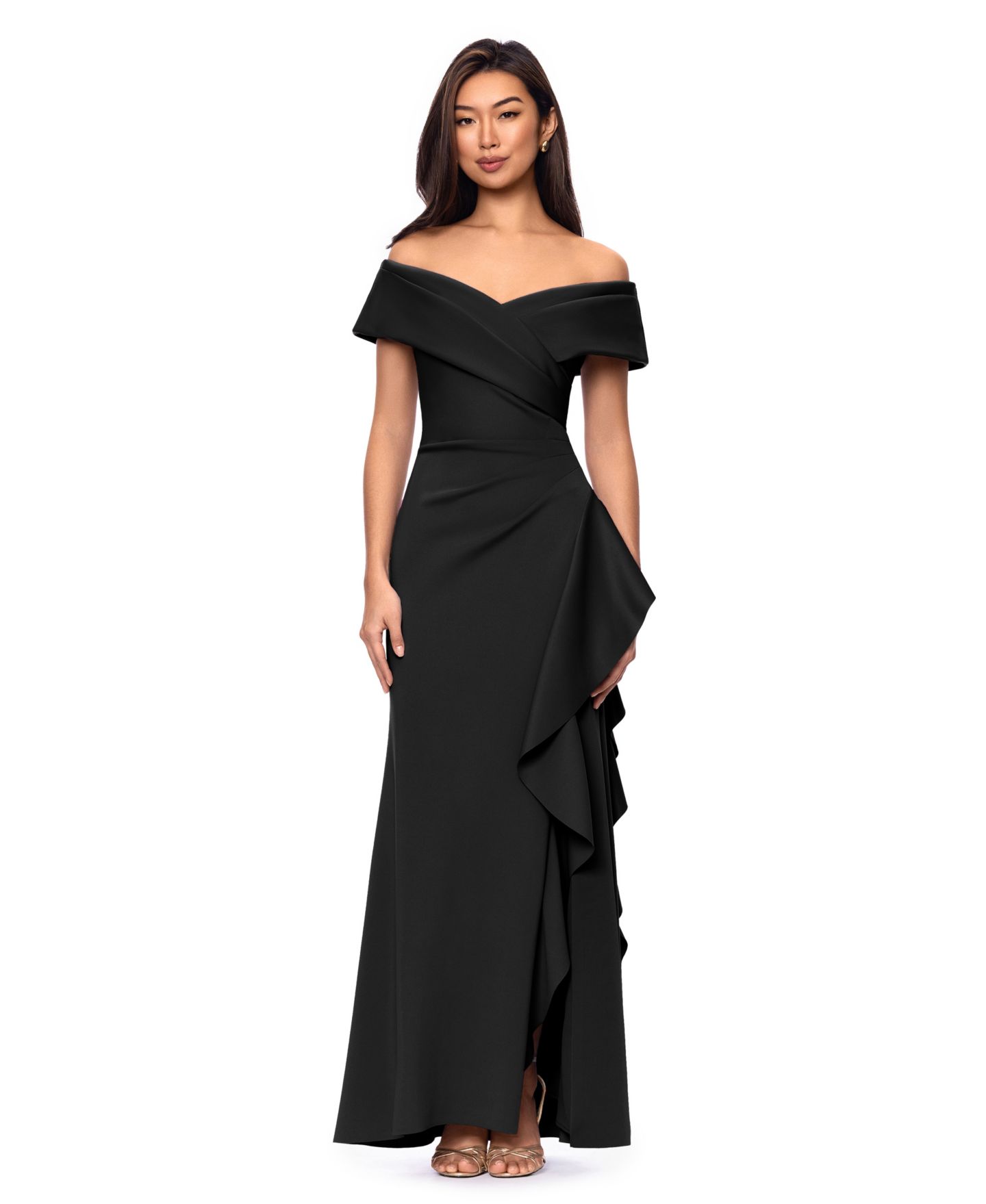 Женское платье XSCAPE Petite Sweetheart Neck Side Ruffle Off-The-Shoulder Long, цвет: Чёрный — фото 2