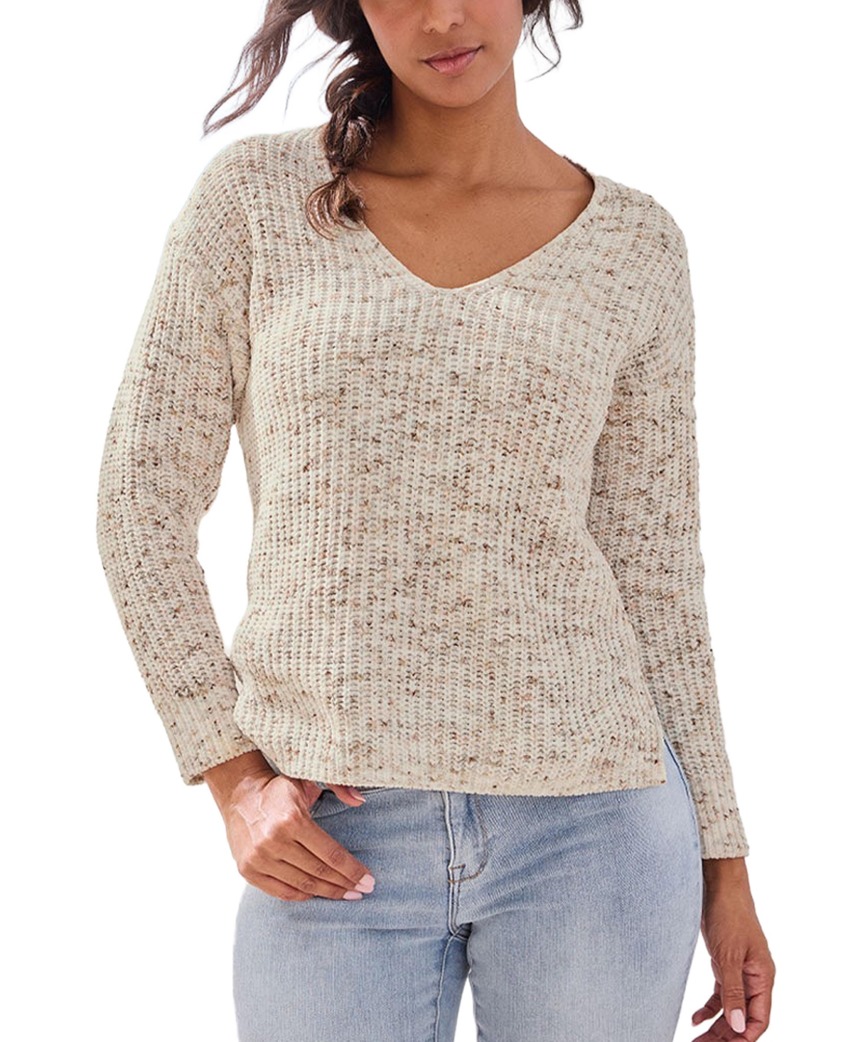 Lascana Women's V-Neck Chenille-Knit Loose-Fit Side-Slit Sweater - Oatmeal