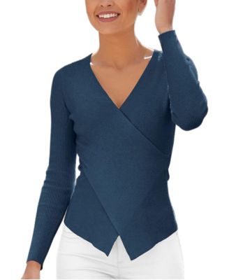 Women's Crossover V-Neck Slim-Fit Ribbed Knit Sweater
