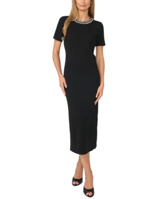 Women's Embellished Crewneck Short-Sleeve Midi Sweater Dress