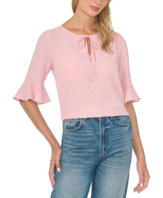 Women's Split Tie Neck Ruffle Cuff 3/4-Sleeve Top