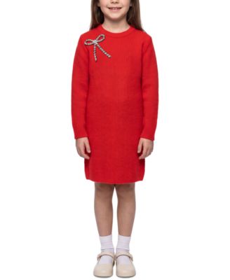 Girls' 7-16 Long-Sleeve Embellished-Bow Crewneck Dress