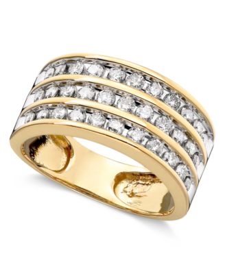 yellow gold three row diamond ring