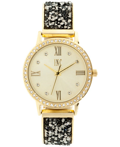 INC International Concepts Women's Gold-Tone and Hematite Crystal Stone Glitter Bracelet Watch 34mm, Only at Macy's