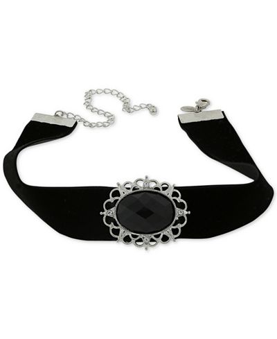 2028 Silver-Tone Black Stone Velvet Choker Necklace