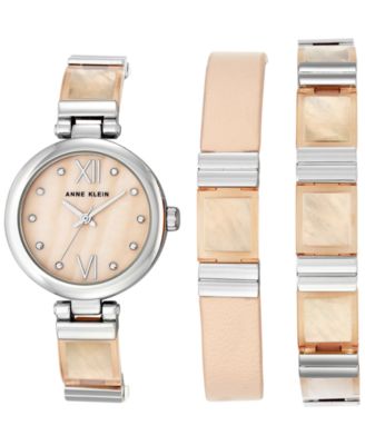 Anne Klein - Women's Silver-Tone and Pink Transparent Plastic Bracelet Watch & Bracelets Set 32mm AK-2749LPST