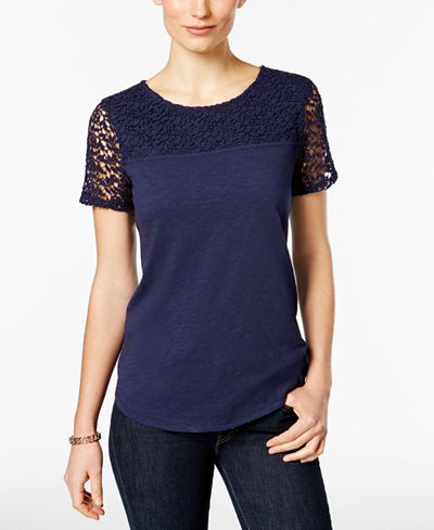 Charter Club Short-Sleeve Lace-Yoke Top, Only at Macy's