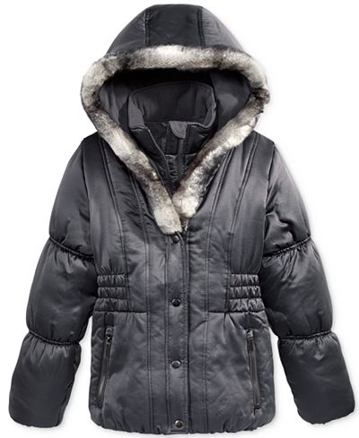 S. Rothschild Girls' Matte Puffer Jacket with Faux Fur ...