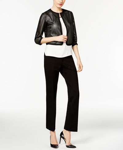 Anne Klein Faux-Leather Cardigan, Pleated Top & Trousers