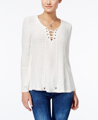 American Rag Lace-Up Rib-Knit Pullover Top, Only at Macy's