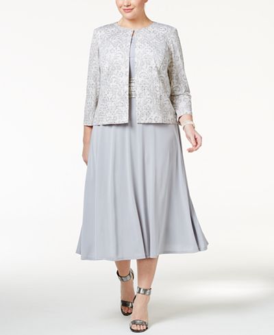 Jessica Howard Plus Size Midi Dress and Lace-Print Jacket