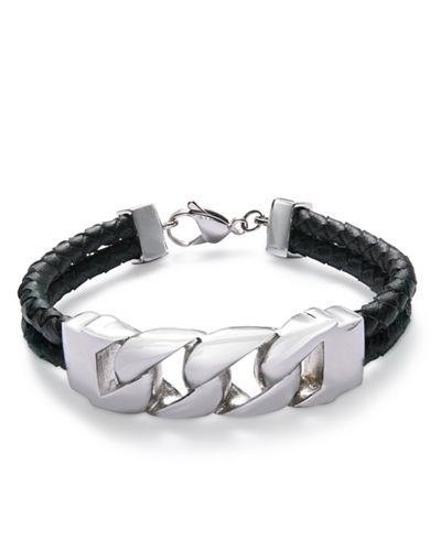 Sutton by Rhona Sutton Men's Stainless Steel Black Leather Bracelet