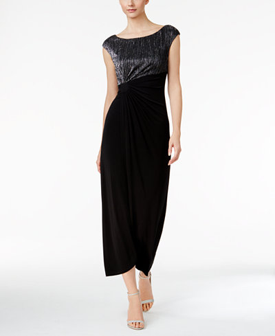 Connected Metallic Crinkle Faux-Wrap Gown