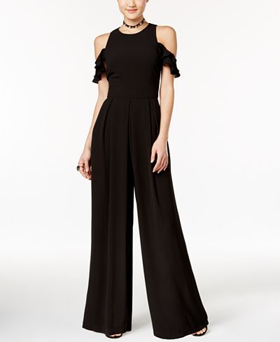 Teeze Me Juniors' Ruffled Cold-Shoulder Palazzo Jumpsuit