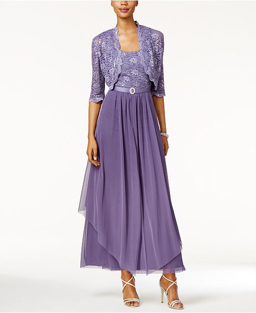 R M Richards R M Richards Sequined Lace Belted Gown And Jacket