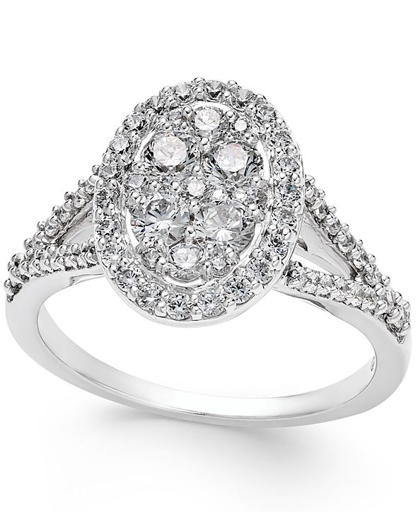 Macy's Diamond Cluster Halo Engagement Ring (1 ct. t.w.) in 14k White ...