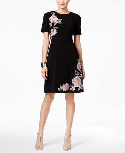 JAX Elbow-Sleeve Floral-Appliqué Dress