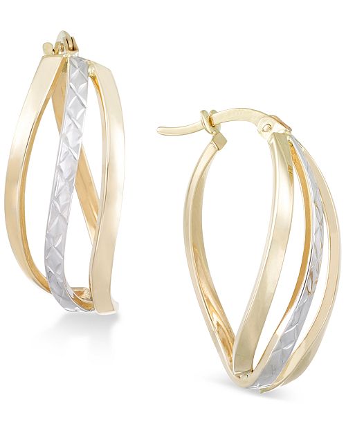 Macy's Textured TwoTone Wavy Hoop Earrings in 14k Gold and White Gold