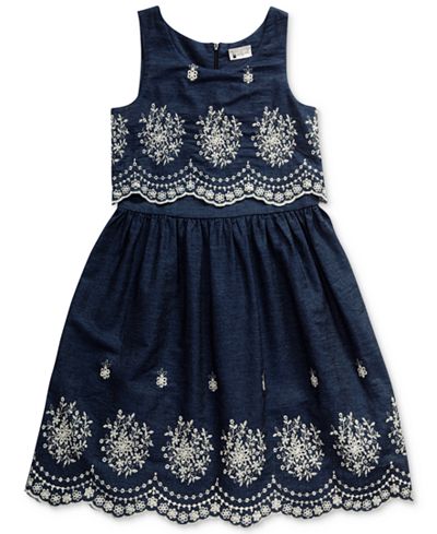 Sweet Heart Rose Cotton Eyelet & Denim Popover Dress, Big Girls (7-16)