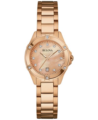 Bulova Women's Diamond Accent Rose Gold-Tone Stainless Steel Bracelet Watch 27mm 97R101