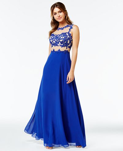 Say Yes to the Prom Juniors&#39; Floral-Appliqué Illusion Gown, A Macy&#39;s Exclusive - Juniors Dresses ...