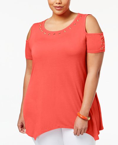 Belldini Plus Size Cold-Shoulder Handkerchief-Hem Top