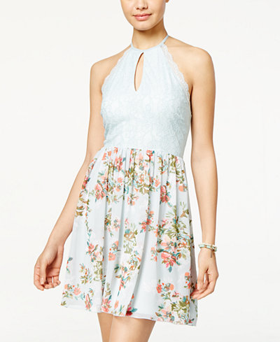 Speechless Juniors' Lace Floral-Print Halter Dress