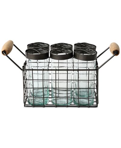 Metal Wire Basket with 6 Glass Jars and Frog Lids