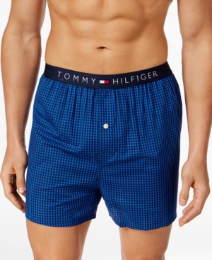 Shop Tommy Hilfiger Men's Flag Logo Printed Cotton Boxers In Navy Check